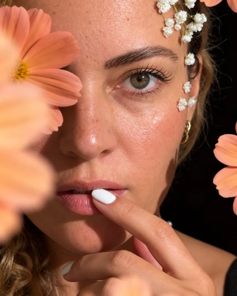 Ana, founder of Le’Bare, framed by soft coral flowers