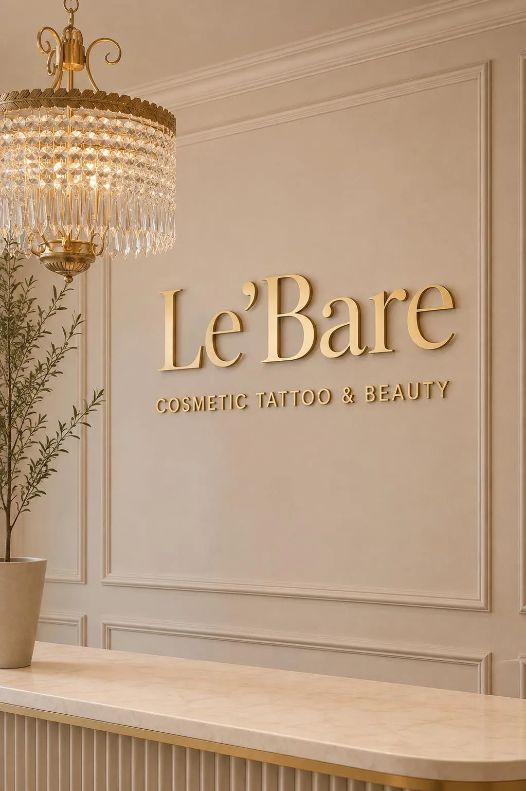 Le’Bare studio reception with the gold Le’Bare sign
