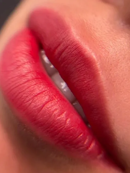 Lip blush close-up with a soft rosy tint and defined shape