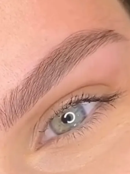 Nano brows healed, with ultra-fine hair strokes through the arch